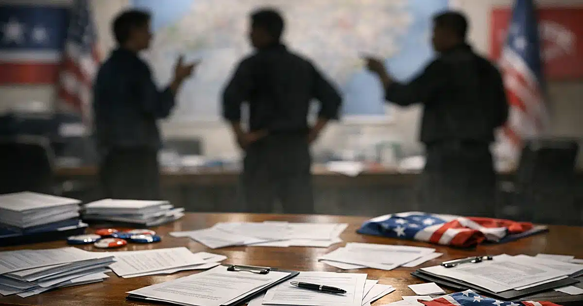 Democratic campaign office table with scattered materials and silhouetted figures in background discussion