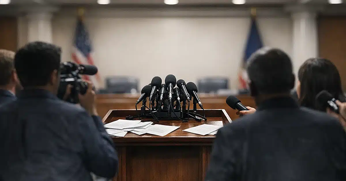 Silhouetted figures face empty podium with microphones in congressional press briefing room