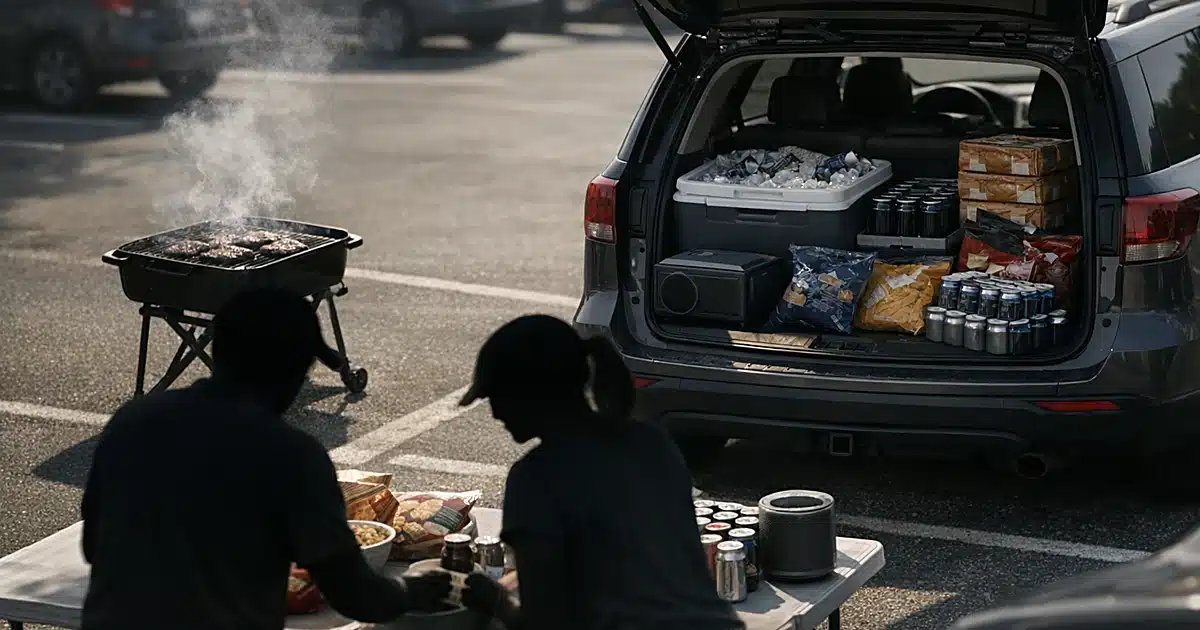 Overhead view of tailgate party setup with grill, cooler, snacks and people shown from behind arranging supplies