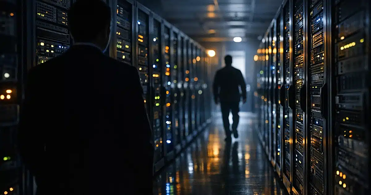Server room with glowing indicator lights and silhouetted figures standing among tall equipment racks