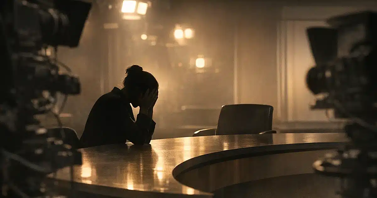 Silhouetted person at studio desk with head down in grief, empty chair beside them under studio lights