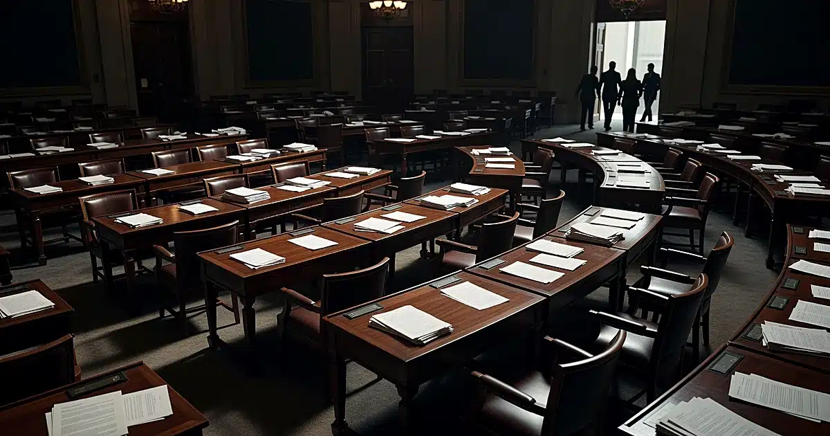 Empty Senate chamber with scattered papers on desks and silhouetted figures exiting through doorways
