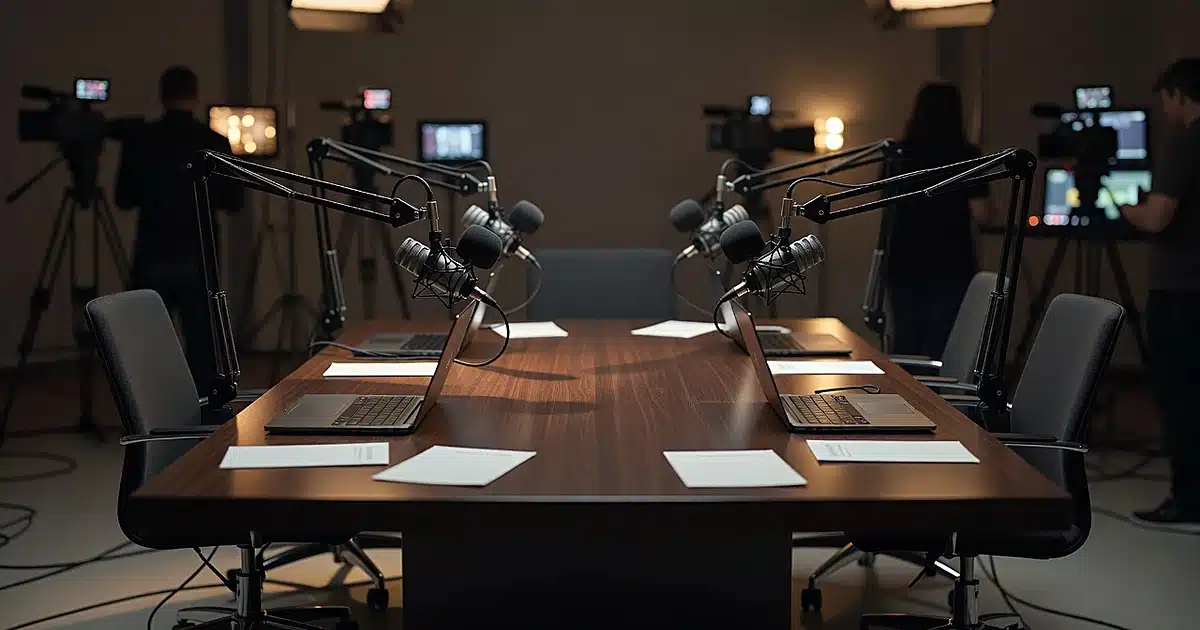 Empty podcast studio table with microphones and equipment in warm broadcast lighting