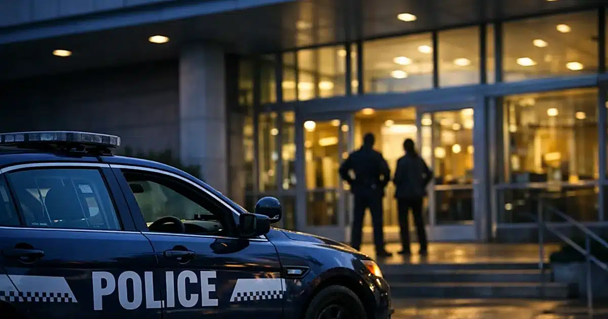 Seattle police patrol car parked outside municipal building at dusk with empty driver seat visible