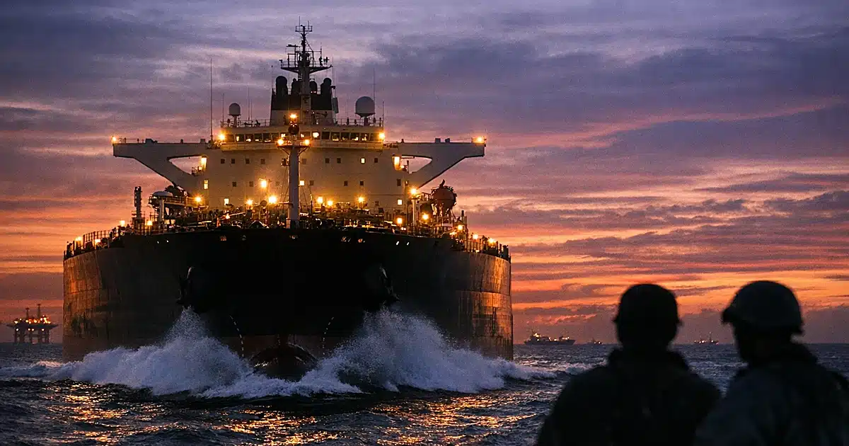 Oil tanker ship moving through ocean waters at dusk with dramatic sky