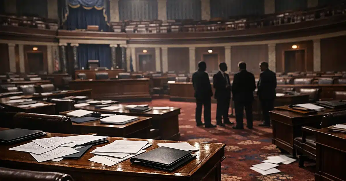 Empty Senate chamber floor with scattered papers on desks after close vote