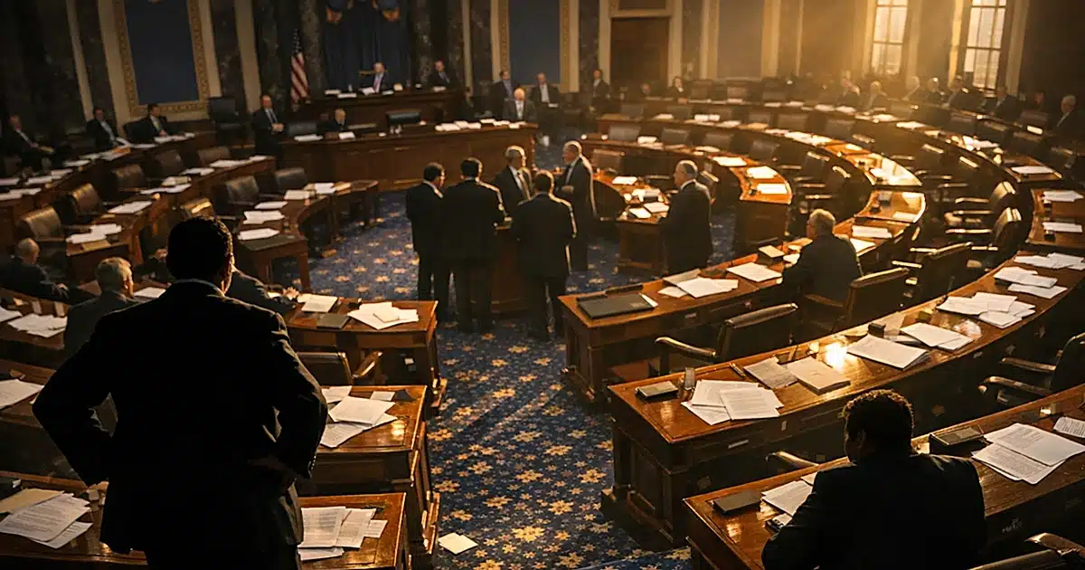 Senate chamber floor with silhouetted figures at desks scattered with papers during legislative session
