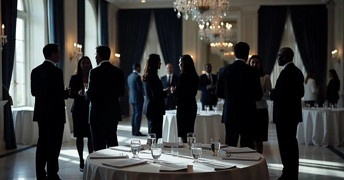 Silhouetted figures at formal Beverly Hills event with elegant table setting in foreground