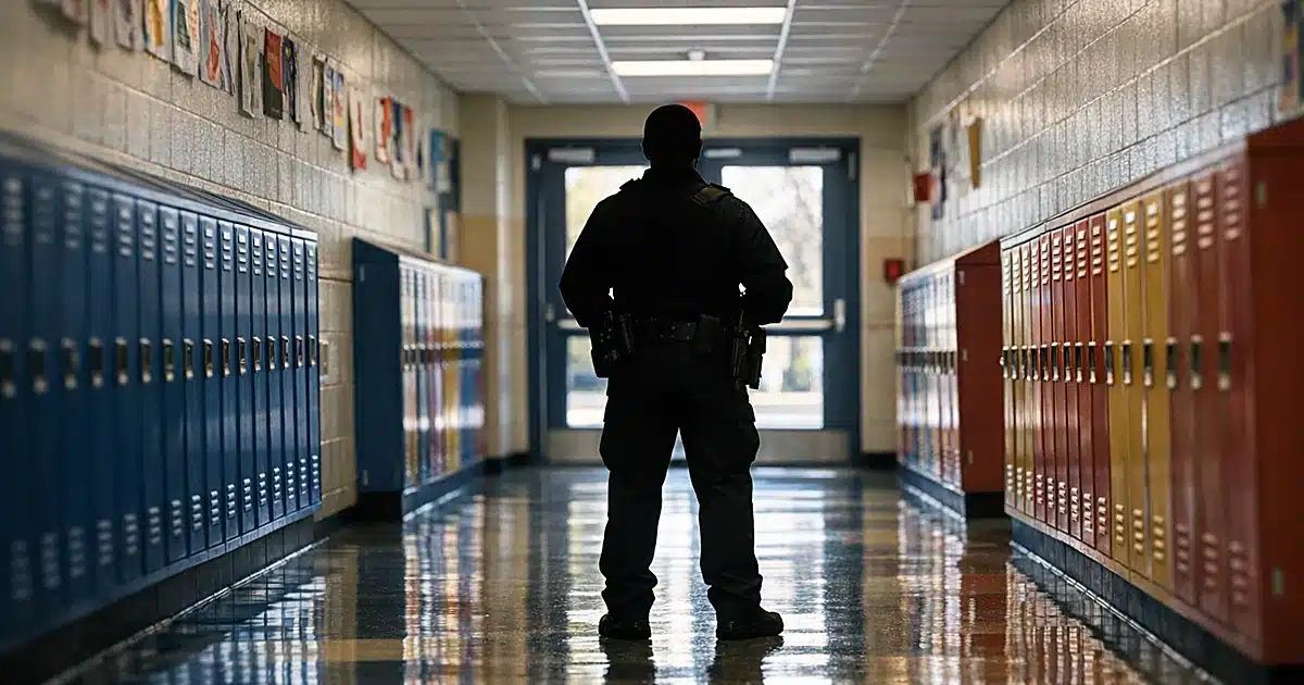 Empty elementary school hallway with security officer silhouette standing guard at the far end