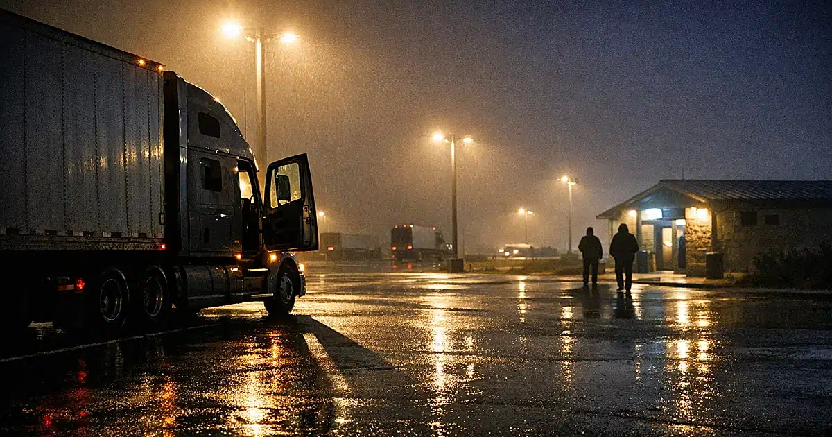 Semi-truck parked alone at dimly lit highway rest area in pre-dawn darkness with open cab door