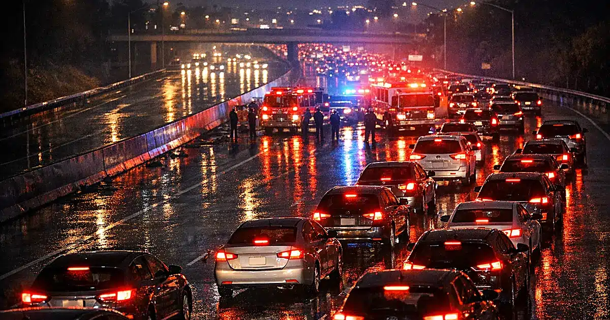 Nighttime highway with stopped traffic and emergency lights reflecting on wet pavement