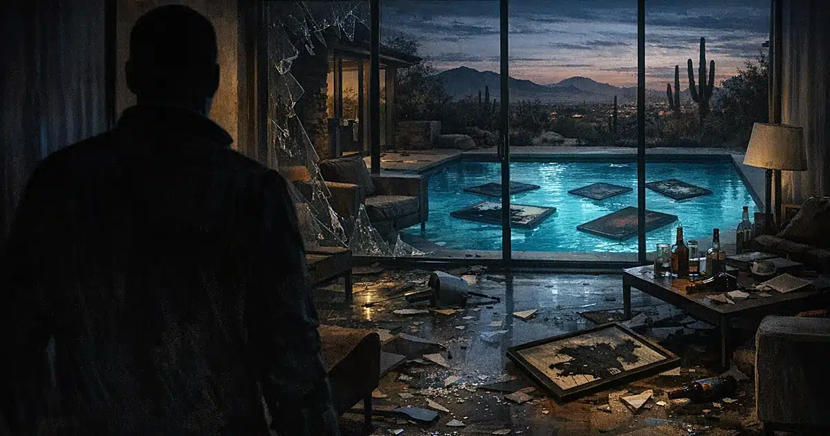 Silhouetted figure in doorway of ransacked home with damaged paintings floating in pool visible through windows
