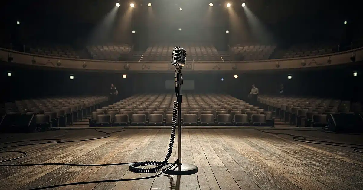 Vintage microphone on empty concert stage with glowing lights and distant seating in soft focus background