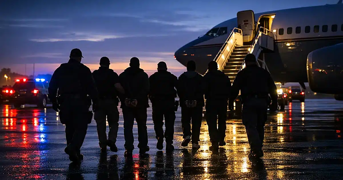 Law enforcement silhouettes escorting handcuffed individuals across airport tarmac toward government aircraft at dusk