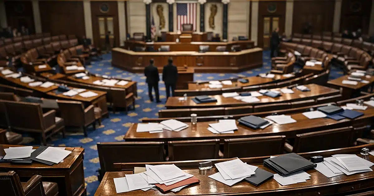 Wide view of legislative chamber with scattered papers on desks after a contentious vote