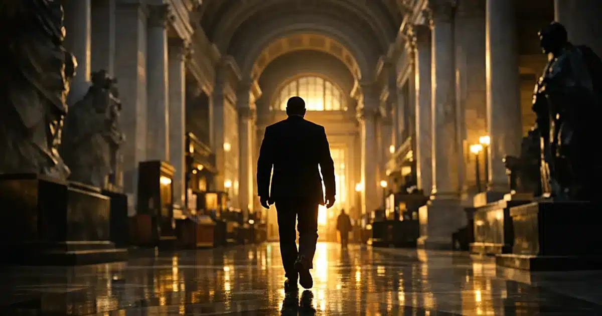 Silhouetted figure walking through grand museum gallery with classical columns at dusk
