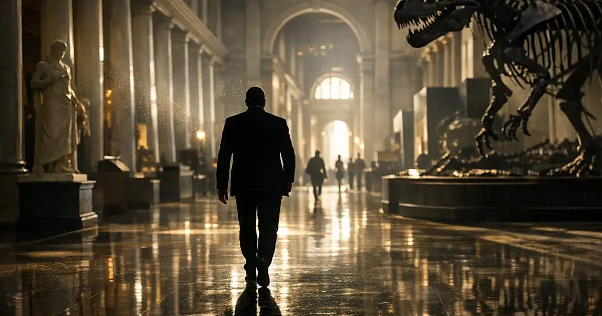 Silhouetted figure walking away through grand museum hall with classical columns and dramatic natural lighting
