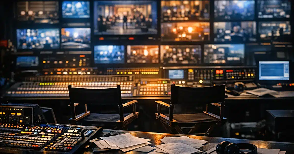 Empty television studio control room with glowing monitors and silhouetted chairs during broadcast