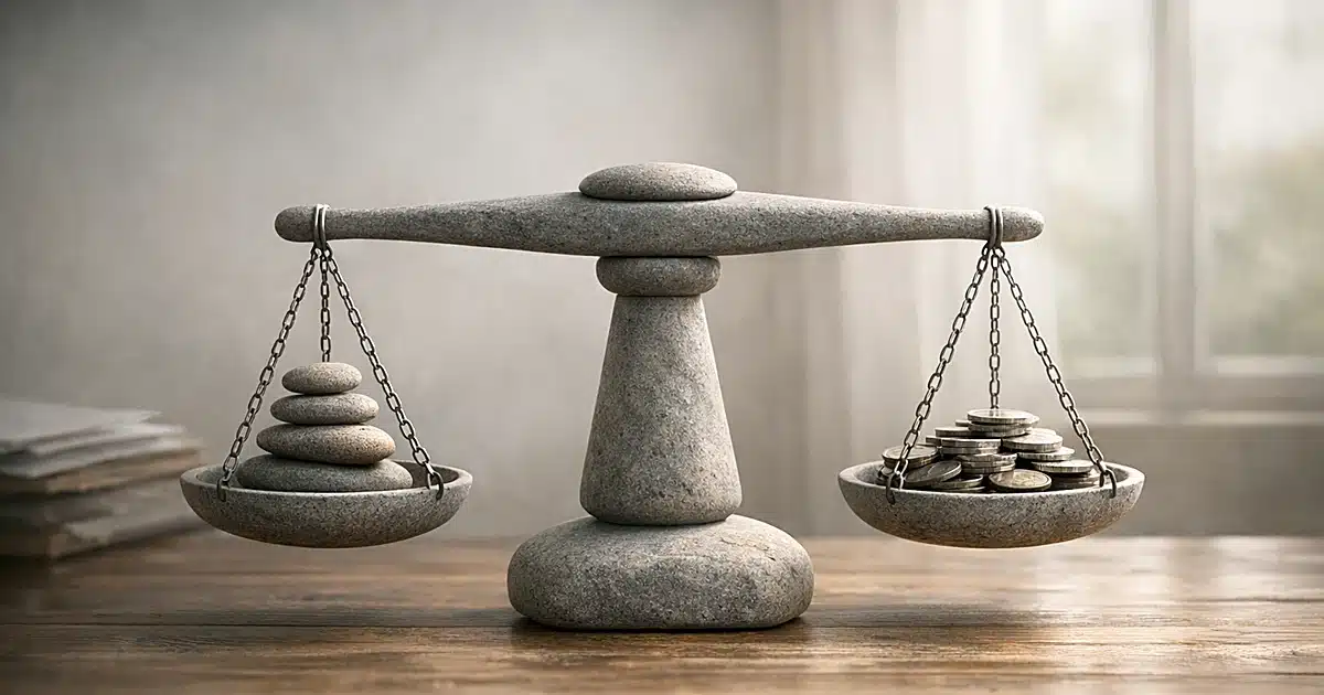 Stone balance scale on wooden surface with soft natural window light