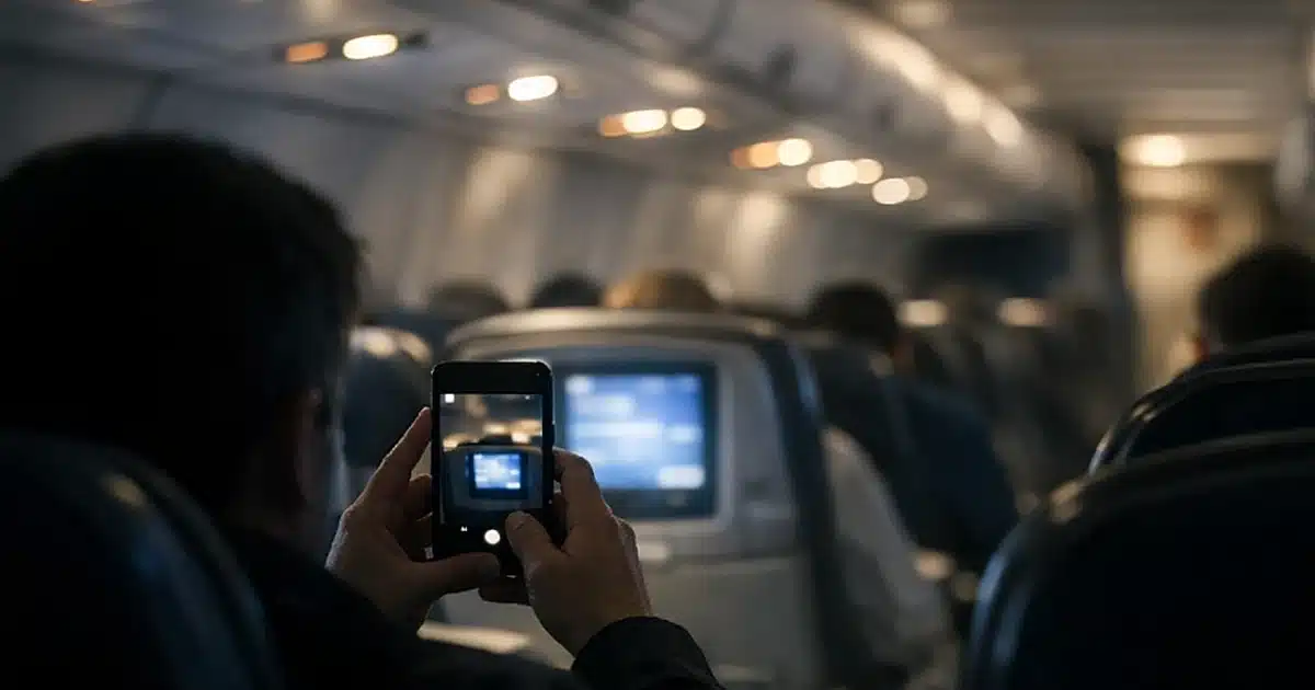 Silhouetted passenger holding smartphone photographing forward in darkened airplane cabin with overhead lights