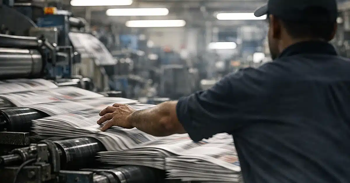 Newspaper printing press with stacks of papers on rollers and silhouetted worker reaching toward moving publications