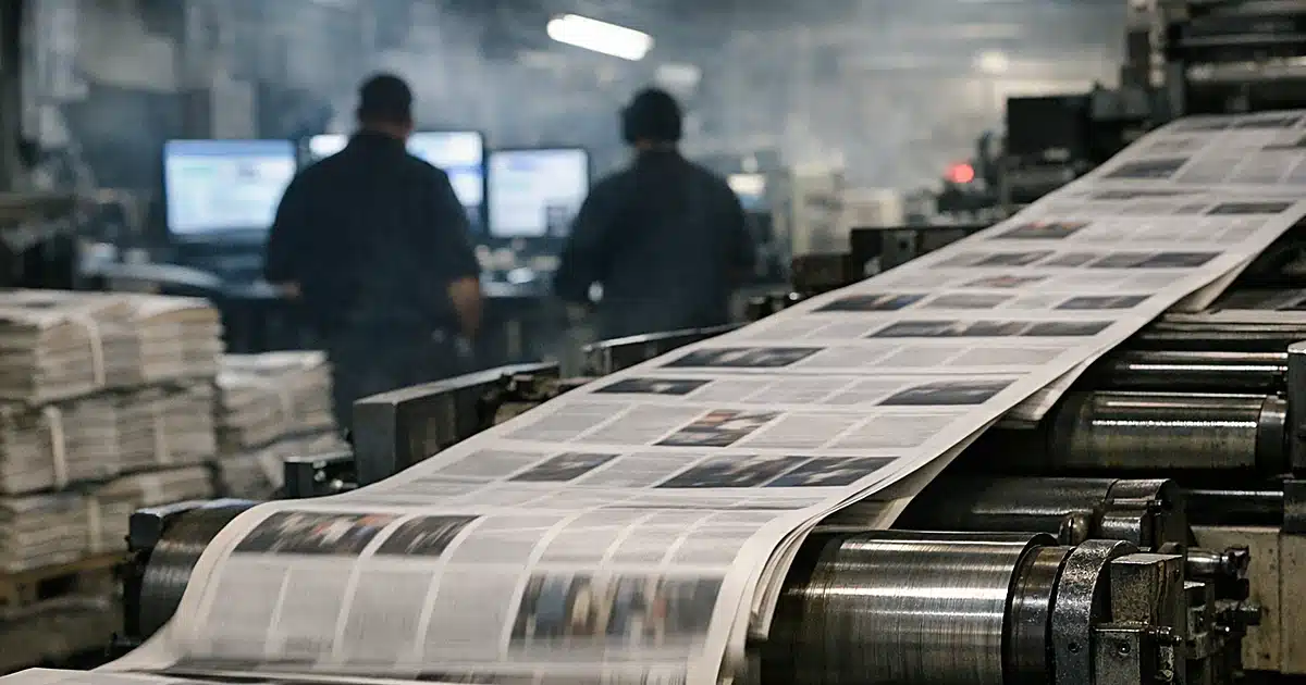 Newspaper printing press with fresh newsprint rolling off cylinders, silhouetted workers in background