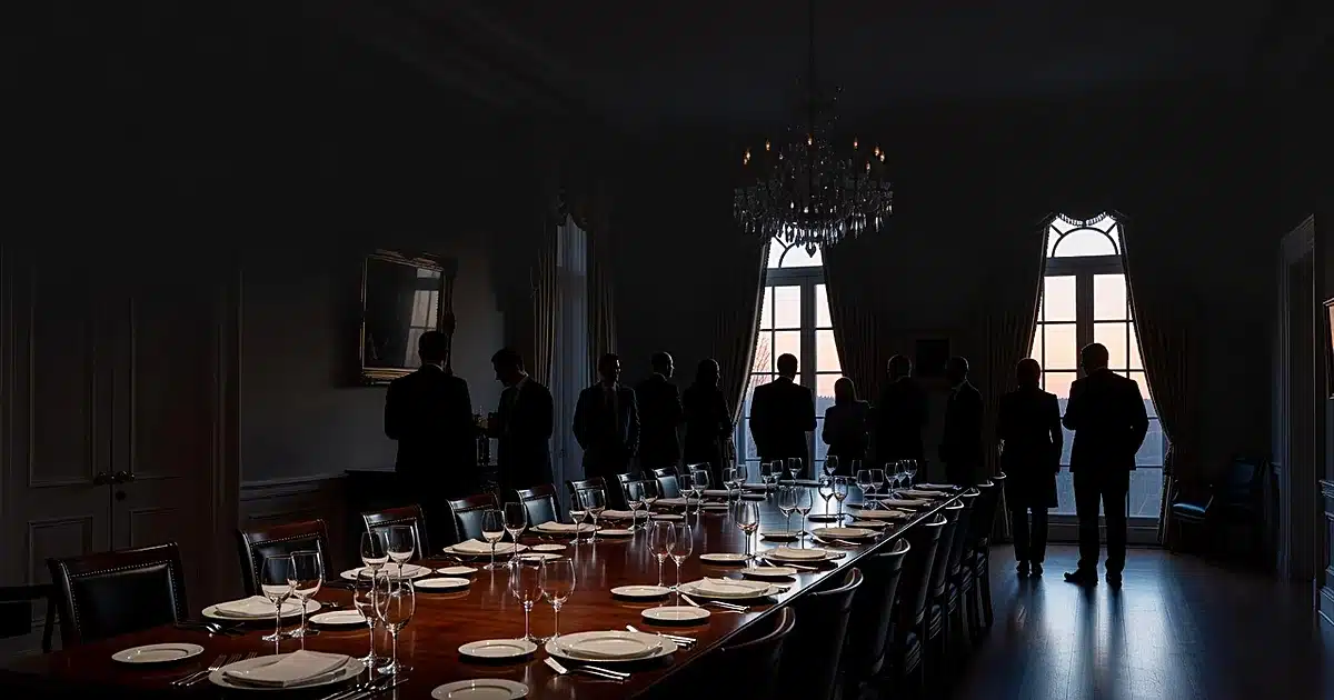Silhouetted figures gathered in ornate formal dining room with breakfast table set at dawn
