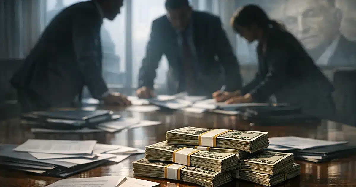 Boardroom table with cash and documents, silhouetted figures leaning over in discussion