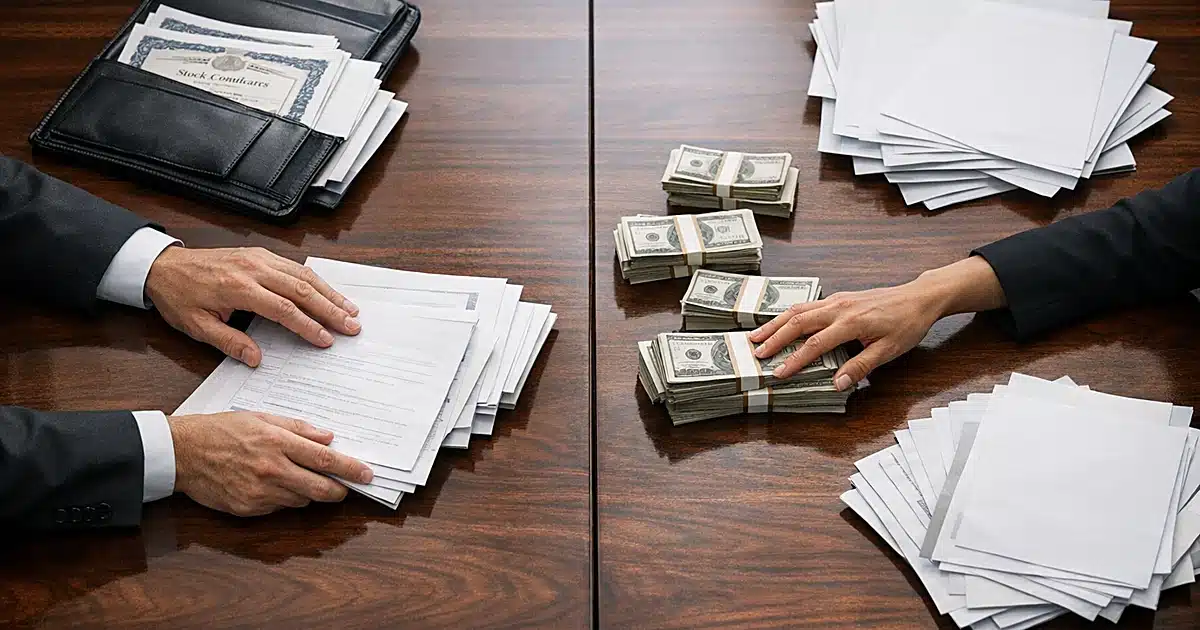 Business documents and stock certificates being divided across a boardroom table during corporate asset negotiation