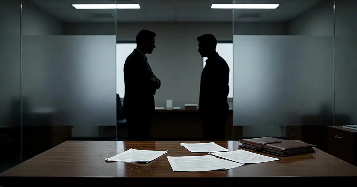Municipal office desk with documents and silhouetted figures behind frosted glass in tense workplace setting