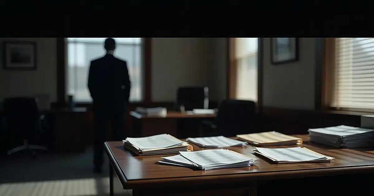 Municipal office desk with scattered documents and silhouetted figure near window with venetian blinds