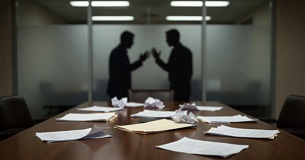 Municipal office conference table with scattered documents and silhouetted figures in background through frosted glass