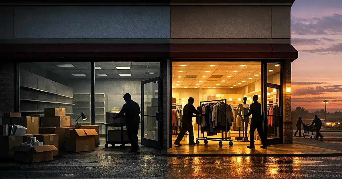 Split retail space showing office supplies being removed on left while clothing displays move in on right