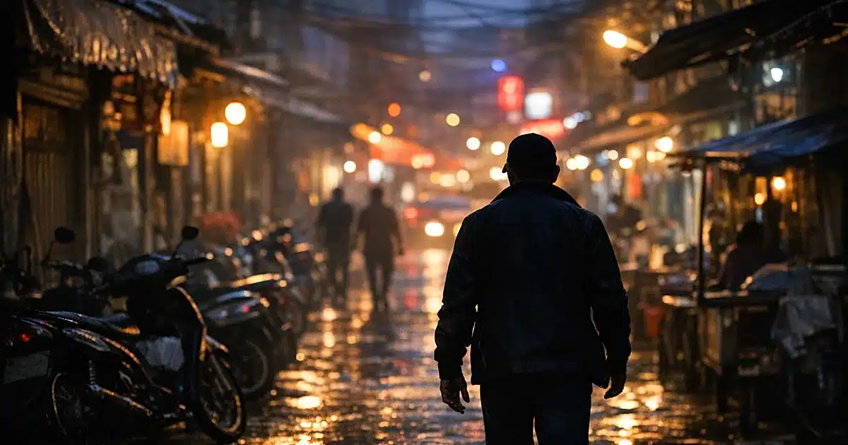 Silhouetted figure walking through dimly lit Southeast Asian street at dusk with motorbikes and storefronts