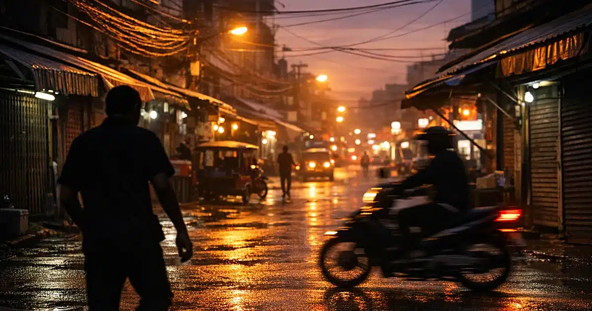 Silhouetted figures on a dimly lit street corner in Southeast Asian city at dusk with security gates and streetlights