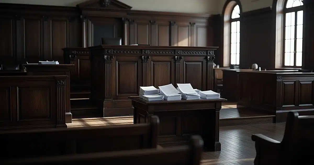 Empty courtroom interior with judge's bench, witness stand, and gallery seating in dramatic window lighting