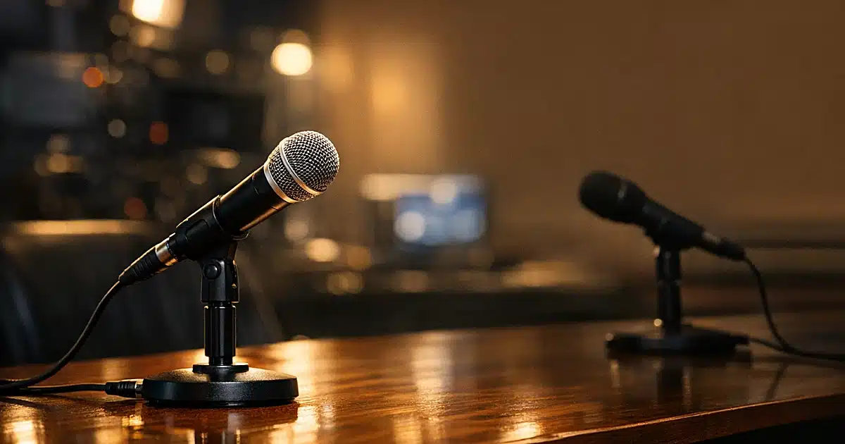 Two broadcast microphones on studio desk, one lit and active, one dark and unused, representing on-air versus off-record