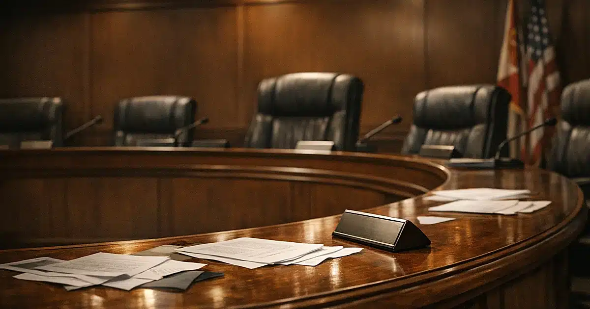 Empty city council chamber with scattered papers on bench after official removal proceedings