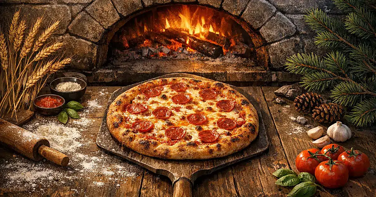 Pizza emerging from stone oven with Kansas wheat and Colorado pine elements on wooden table