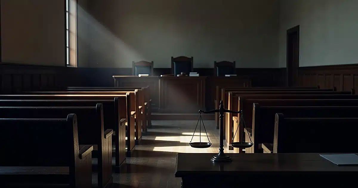Empty courtroom with sunlight streaming through windows onto vacant benches and judge's bench