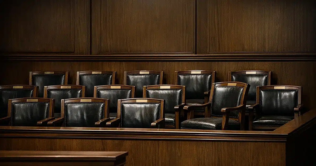 Empty jury box with twelve wooden chairs in a dimly lit courtroom, one chair slightly turned outward
