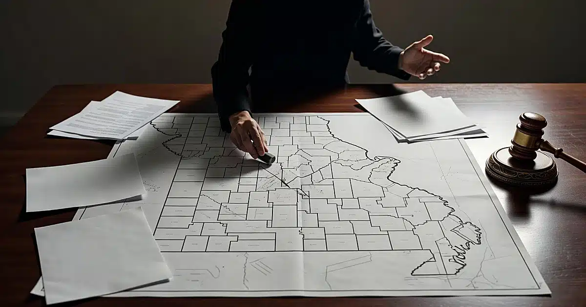 Missouri congressional district map on table with ballot papers and gavel, figure shown from behind gesturing at map