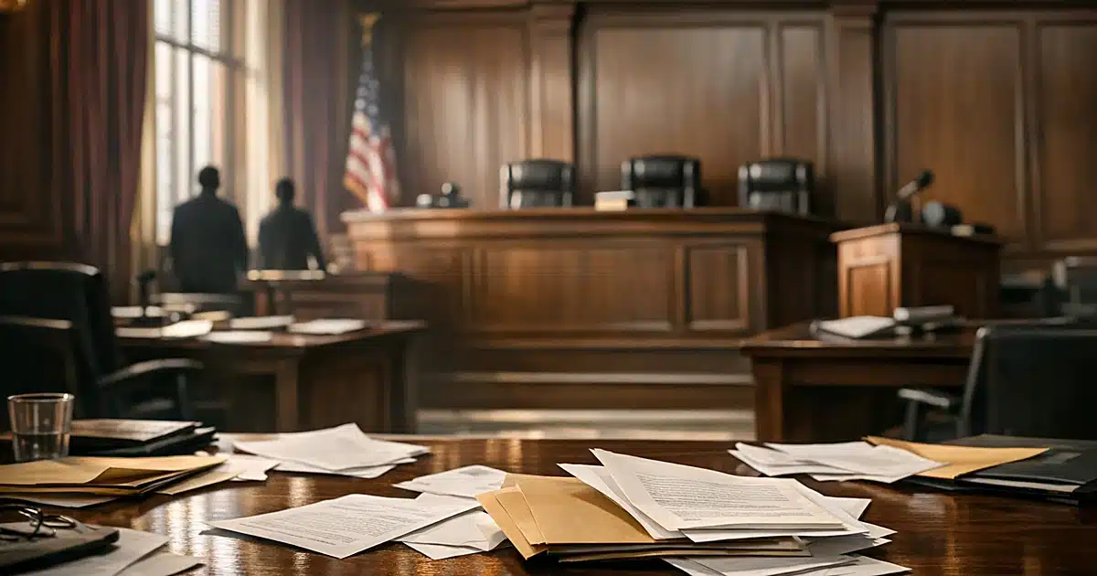 Empty federal courtroom with scattered legal documents on tables, afternoon light streaming through windows