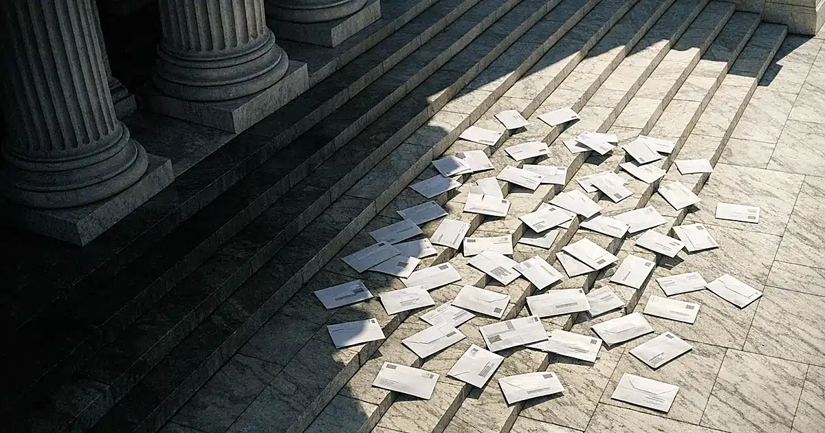 Overhead view of Supreme Court columns with mail-in ballot envelopes scattered on marble steps in contrasting light