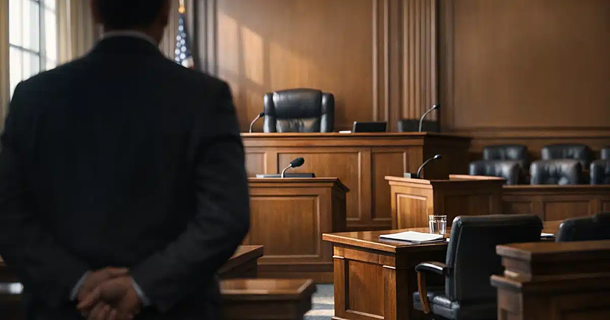 Empty federal courtroom with silhouetted attorney facing judicial bench in afternoon light