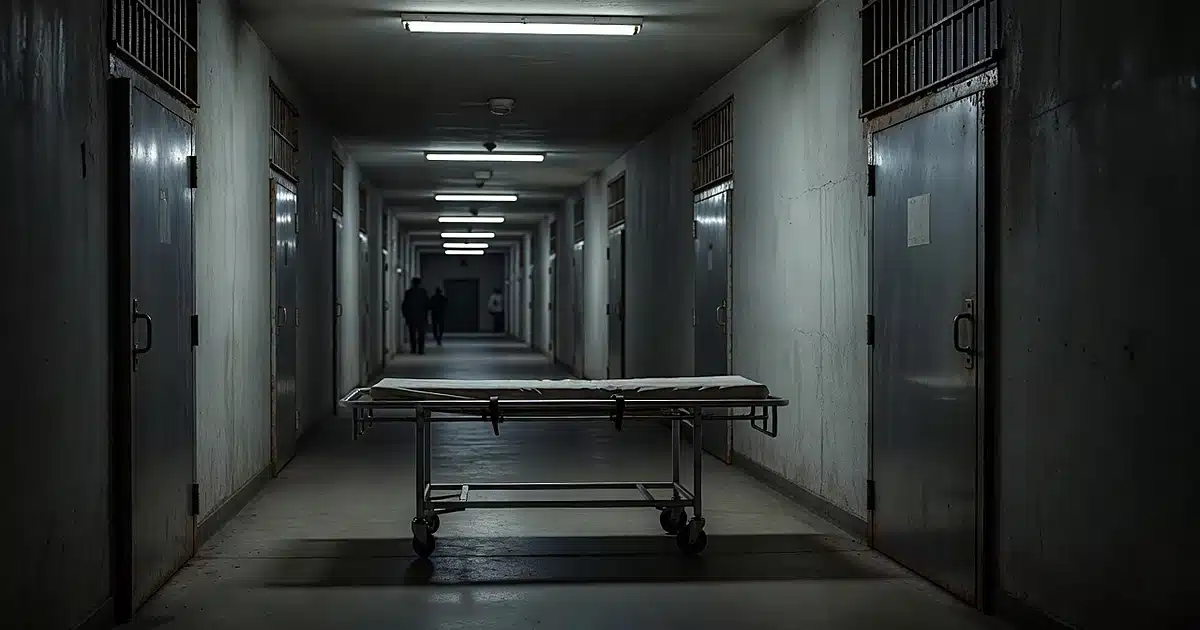 Empty gurney in a prison corridor with steel doors and harsh fluorescent lighting casting shadows on concrete walls