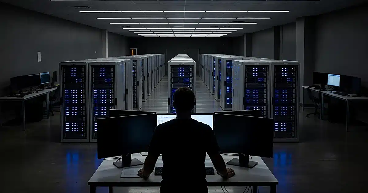 Silhouetted worker at terminal in federal data center with rows of illuminated server racks