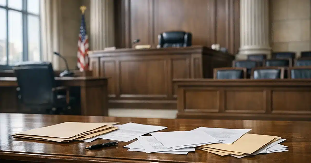 Empty federal courtroom interior with judicial bench, witness stand, and scattered legal documents on table