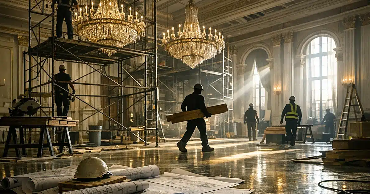 Ornate ballroom under construction with chandeliers, scaffolding, and silhouetted workers amid classical architecture