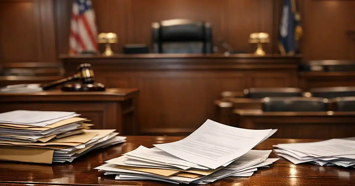 Empty courtroom judge's bench with scattered legal documents on defense table in dramatic lighting